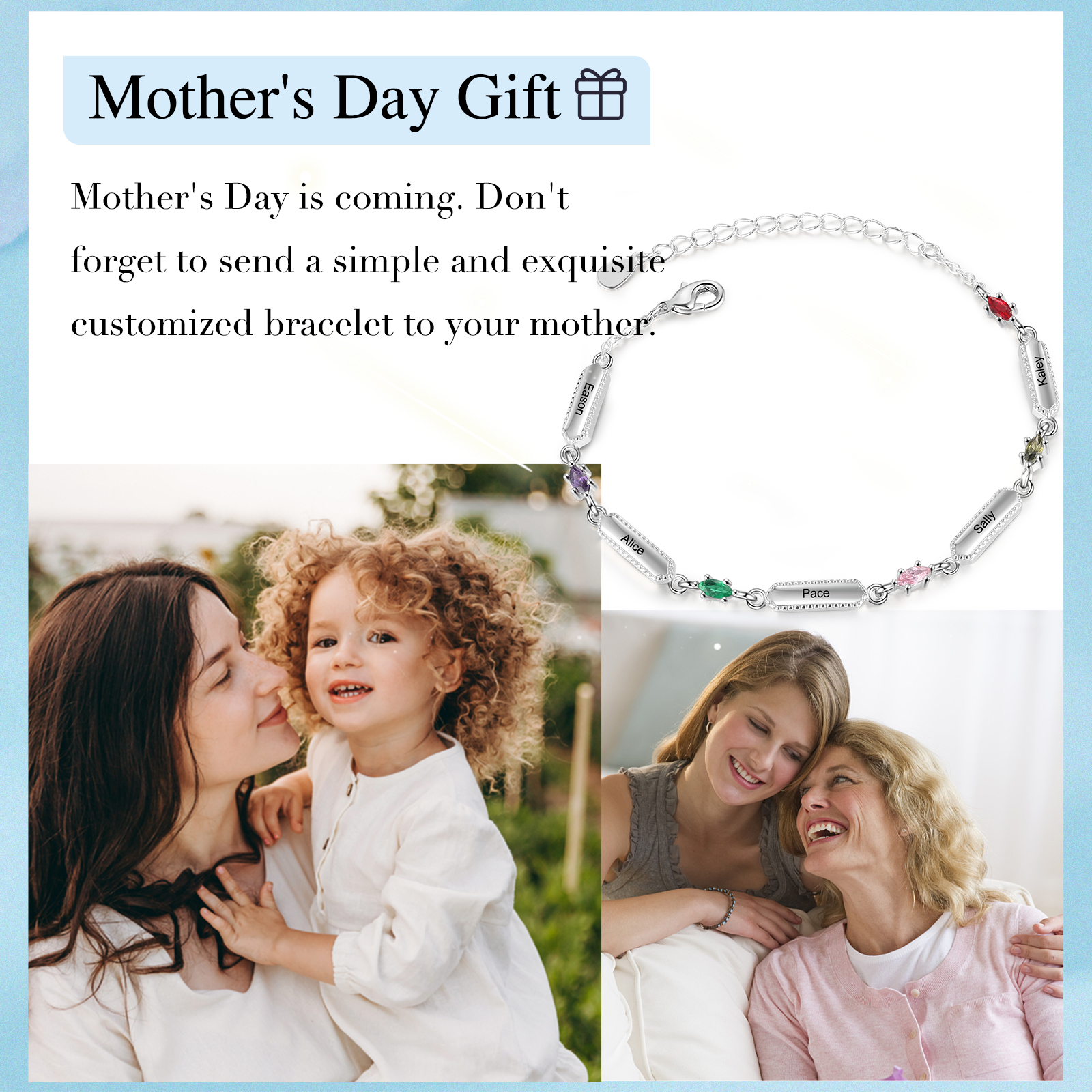 Pulsera infinito para mujer y placa personalizada con 5 nombres y 5 piedras de nacimiento-Jessemade ES