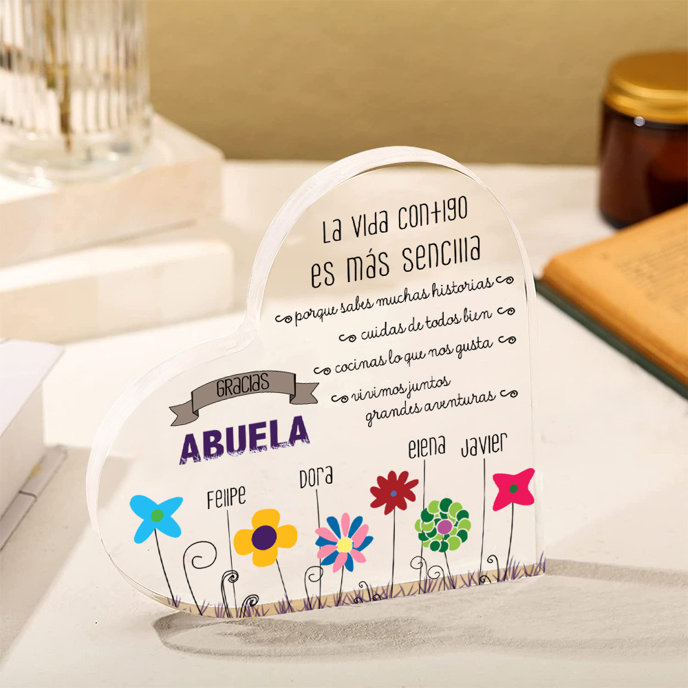 Abuela - Placa de acrílico en forma de corazón flores 1-5 nombres personalizados-Jessemade ES