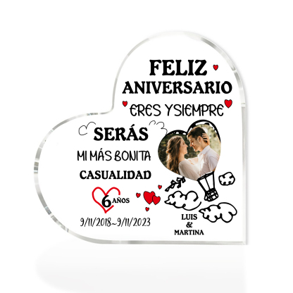 Valentín-Placa de acrílico en forma de corazón aniversario con foto, número, fecha y nombres personalizados-Jessemade ES