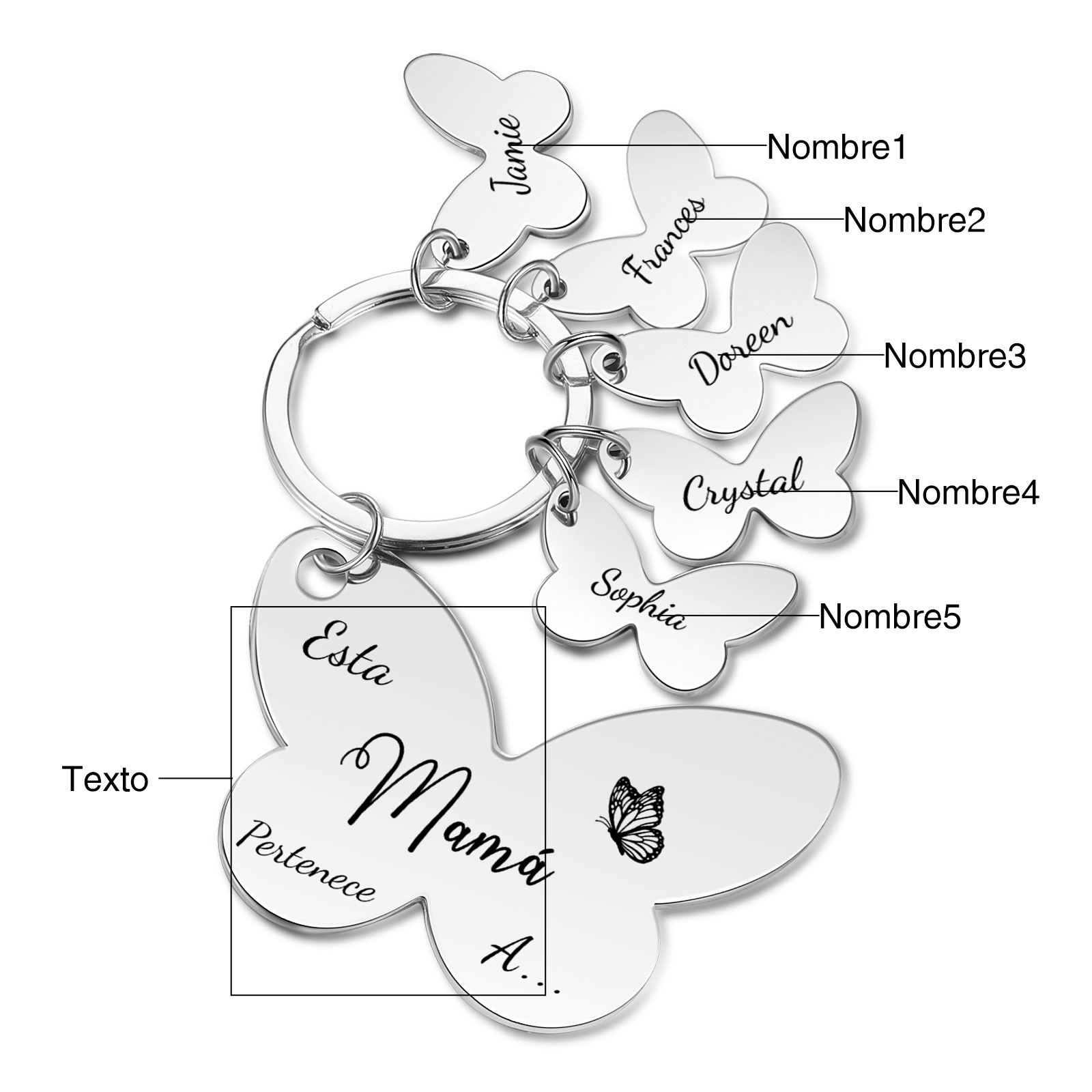 A mi mamá/abuela - Llavero con 5 nombres personalizados en mariposas con texto-Jessemade ES