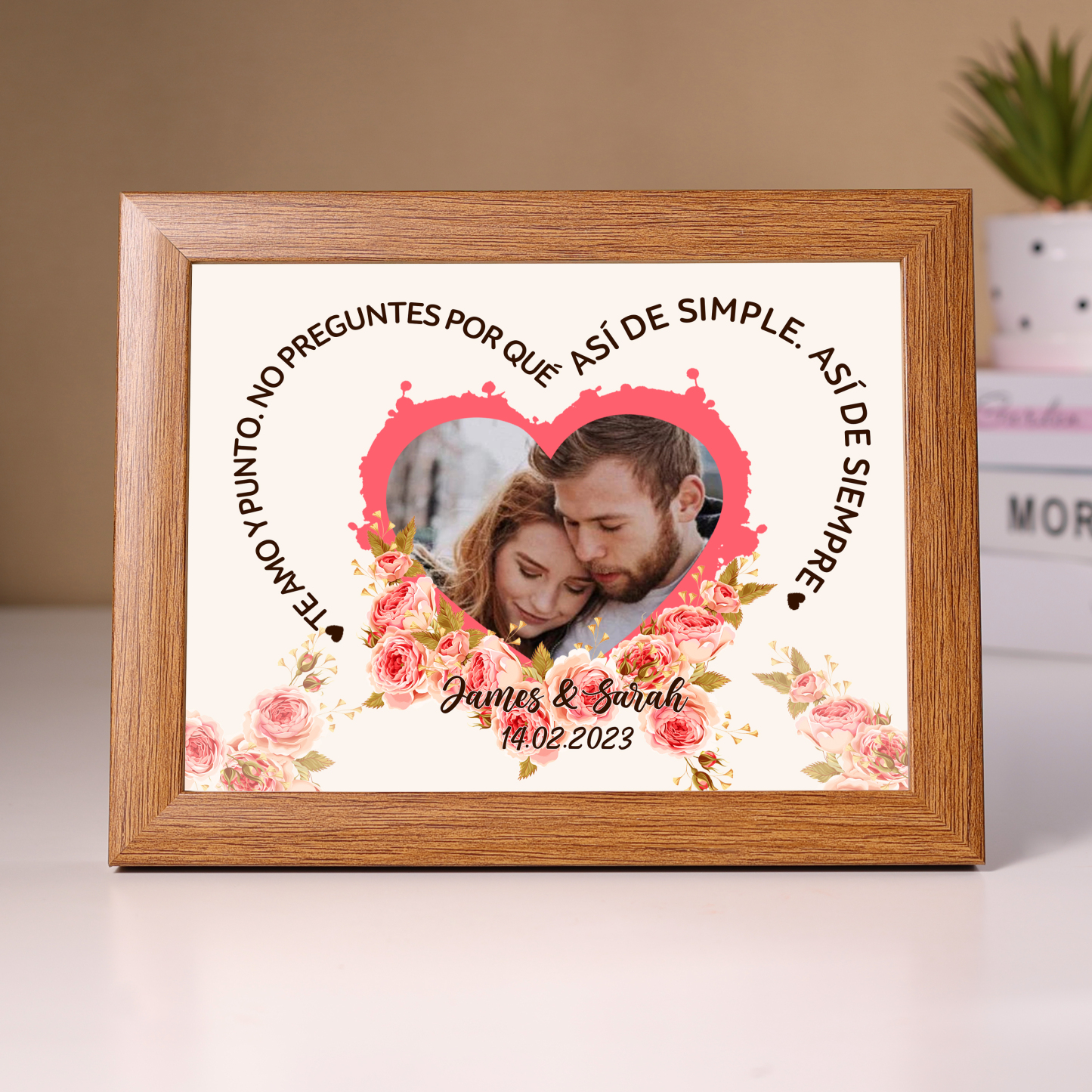 Marco de 1 foto de madera para pareja 2 nombres y fecha personalizados-Jessemade ES