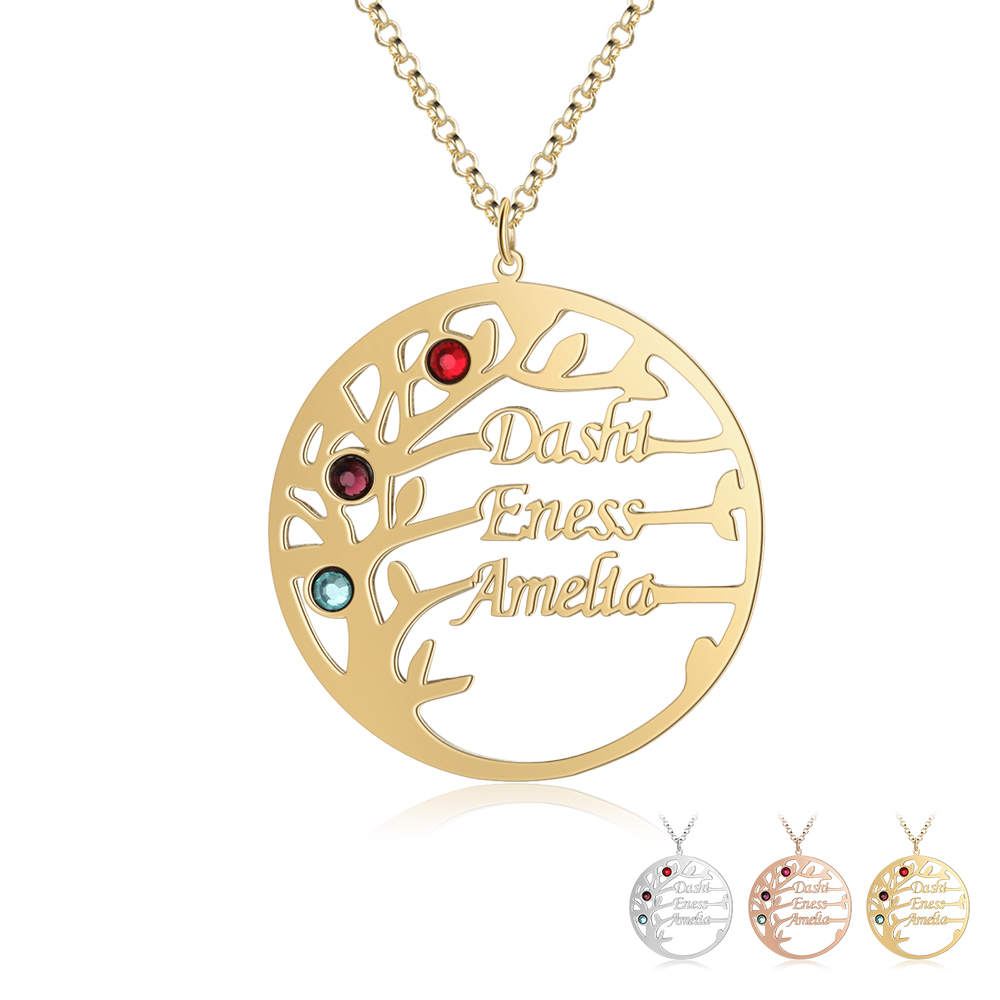 Collar de plata 925 Árbol de la Vida Árbol Genealógico 3 nombres y 3 piedras de nacimiento-Jessemade ES