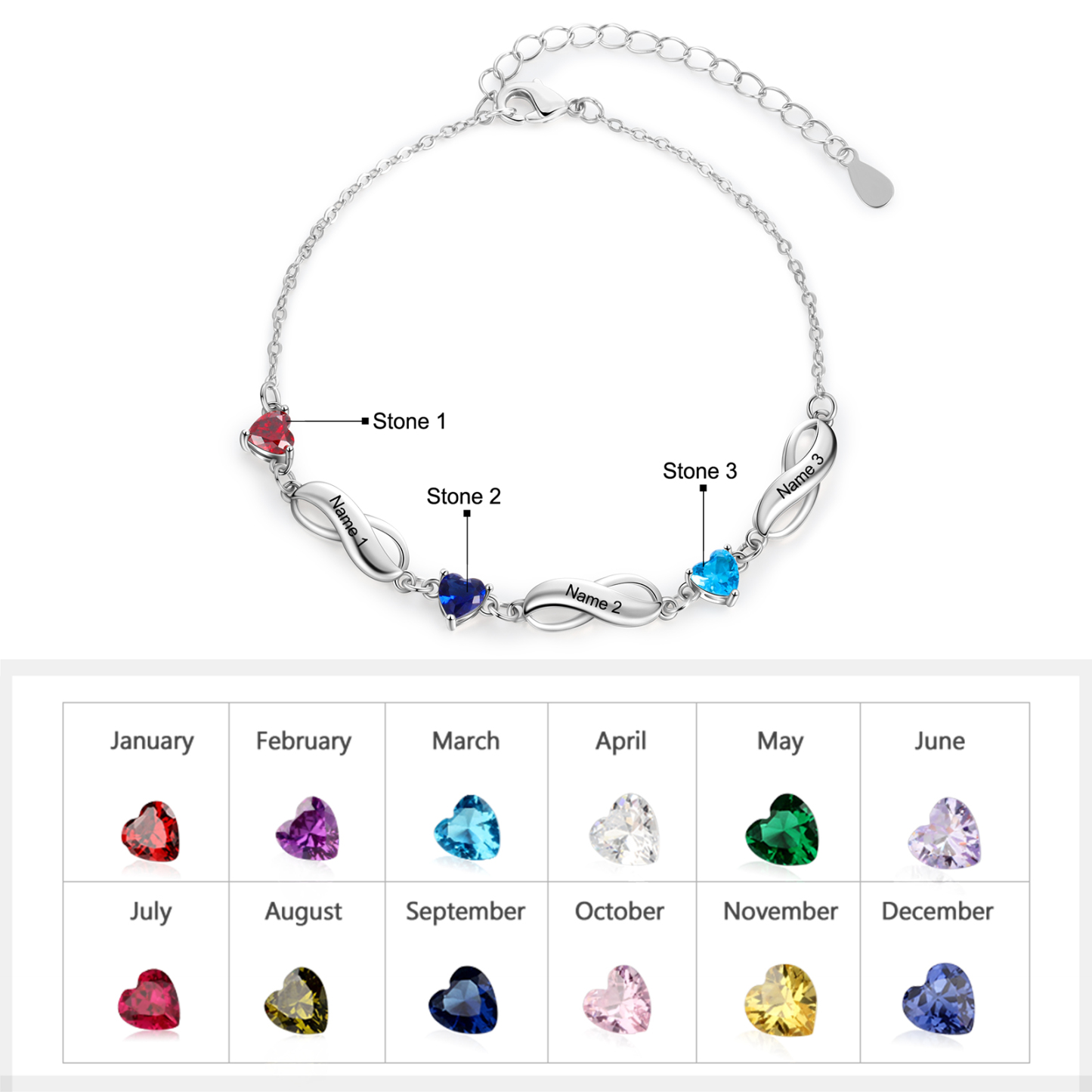 Pulsera "infinito" personalizada con 3 nombres y 3 piedras de nacimiento de corazón-Jessemade ES