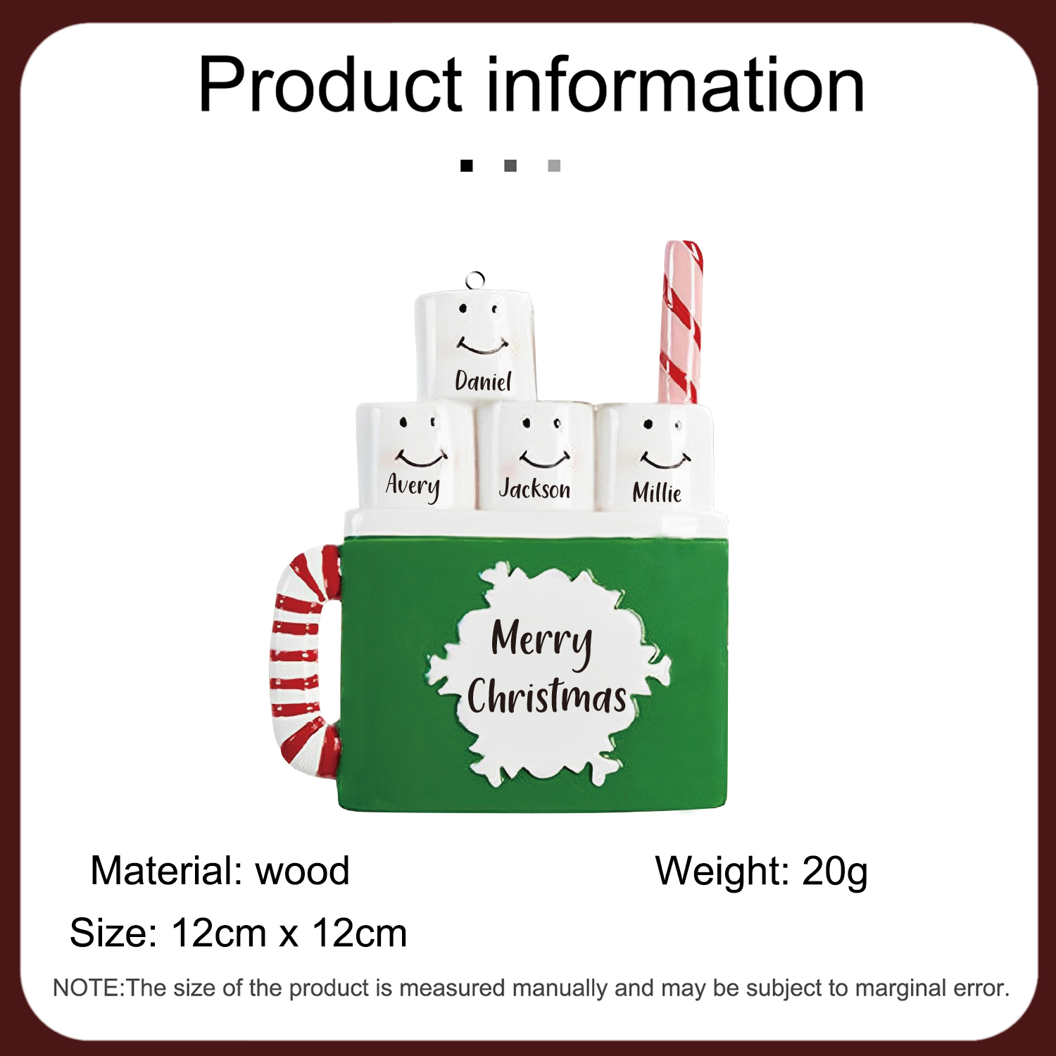 Navidad-Ornamento muñecos navideño de madera taza 4 nombres y 1 texto personalizados adorno del árbol-Jessemade ES