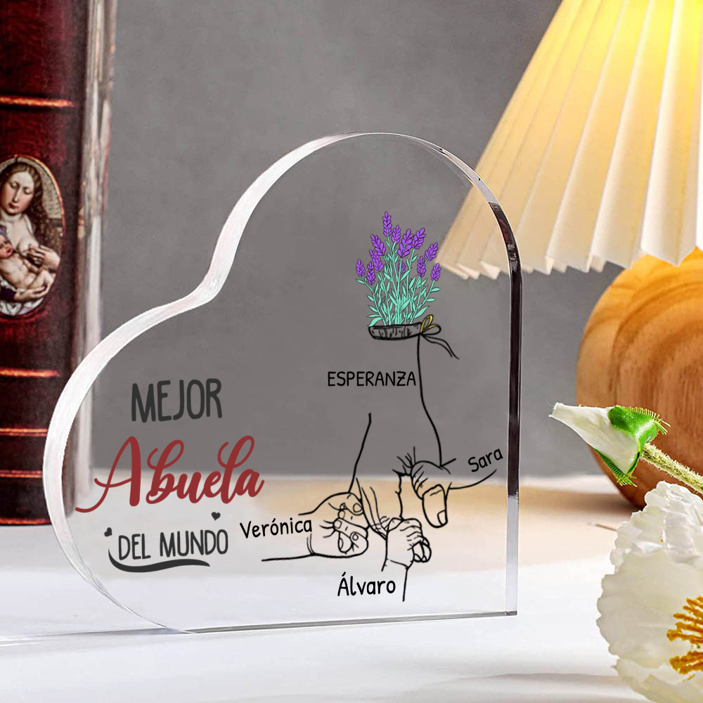 Abuela - Placa de acrílico en forma de corazón manos cogidas 2-7 nombres personalizados