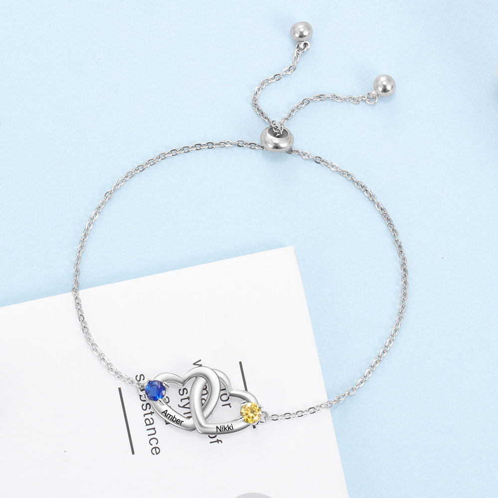Pulsera ajustable de corazón con 2 piedras de nacimiento y 2 nombres personalizados