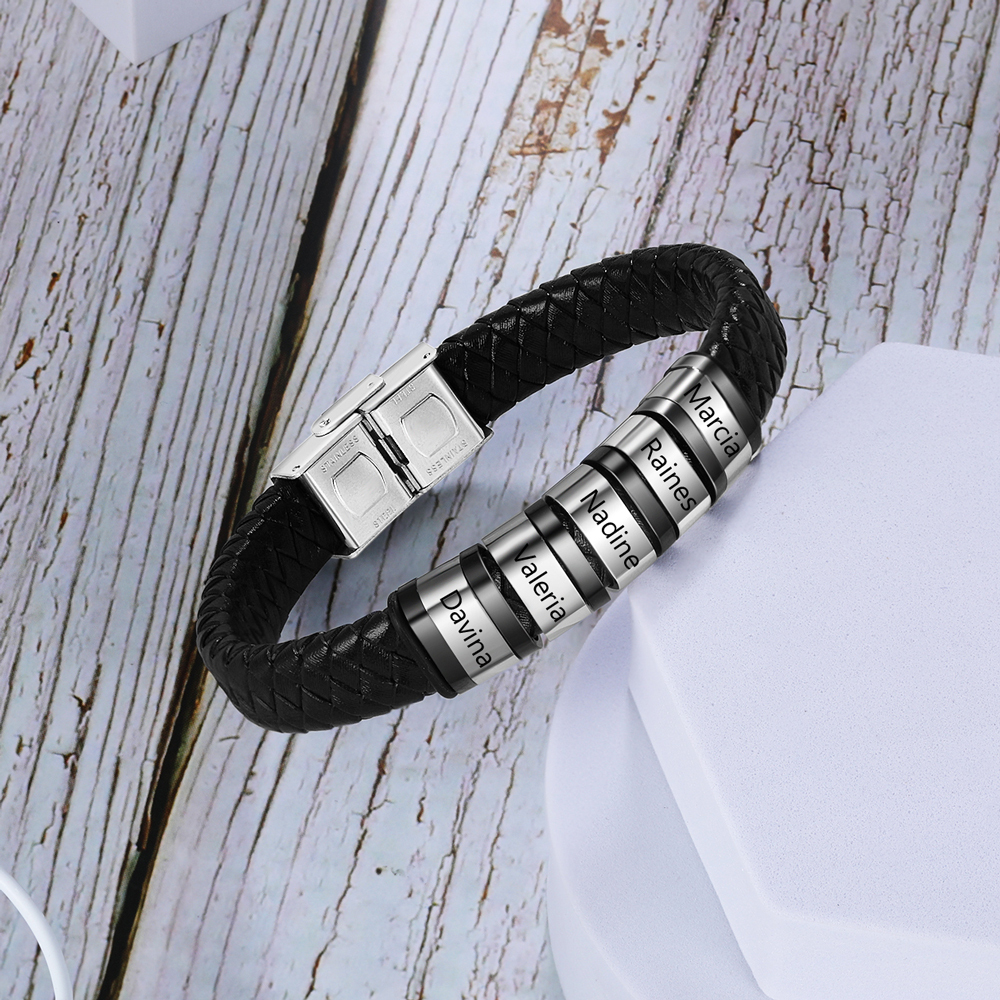 A MI PAPÁ-Pulsera de cuero trenzado de hombre con 5 perlas personalizadas con 5 nombres-Jessemade ES