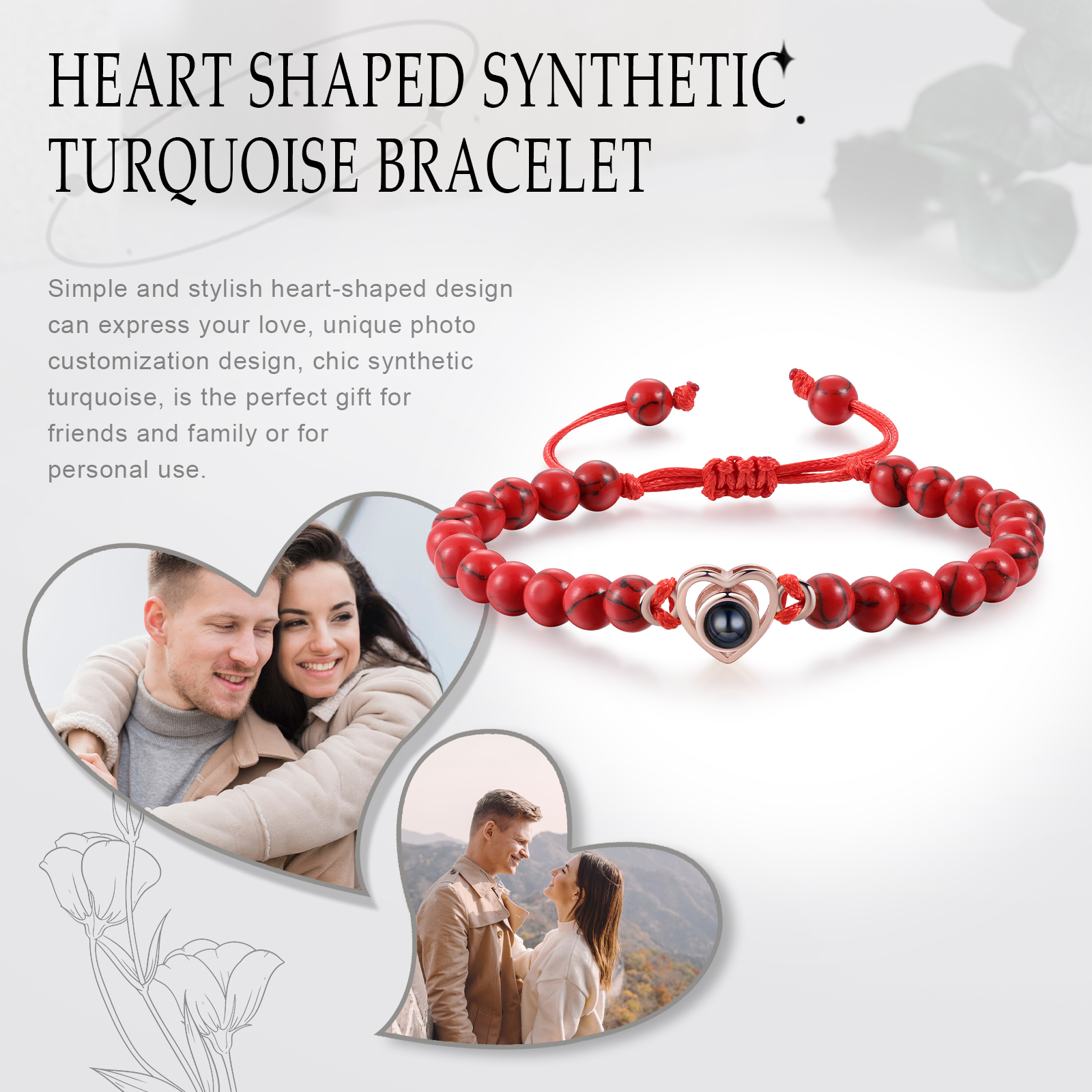 Pulsera de turquesa roja sintética con proyección de foto en color con dije de corazón pulsera ajustable-Jessemade ES