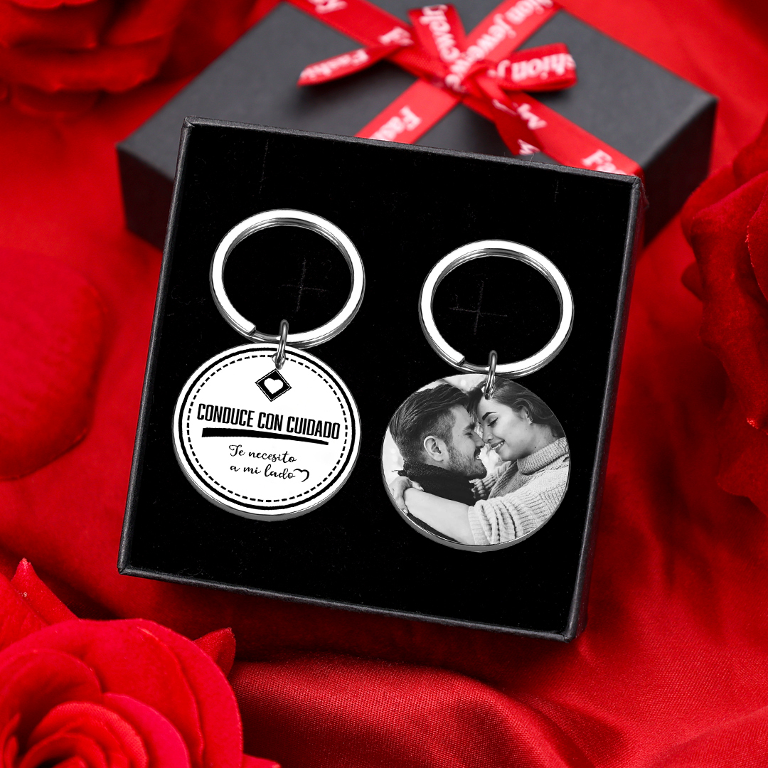 Llavero para pareja "Conduce con cuidado" 1 foto personalizada-Jessemade ES