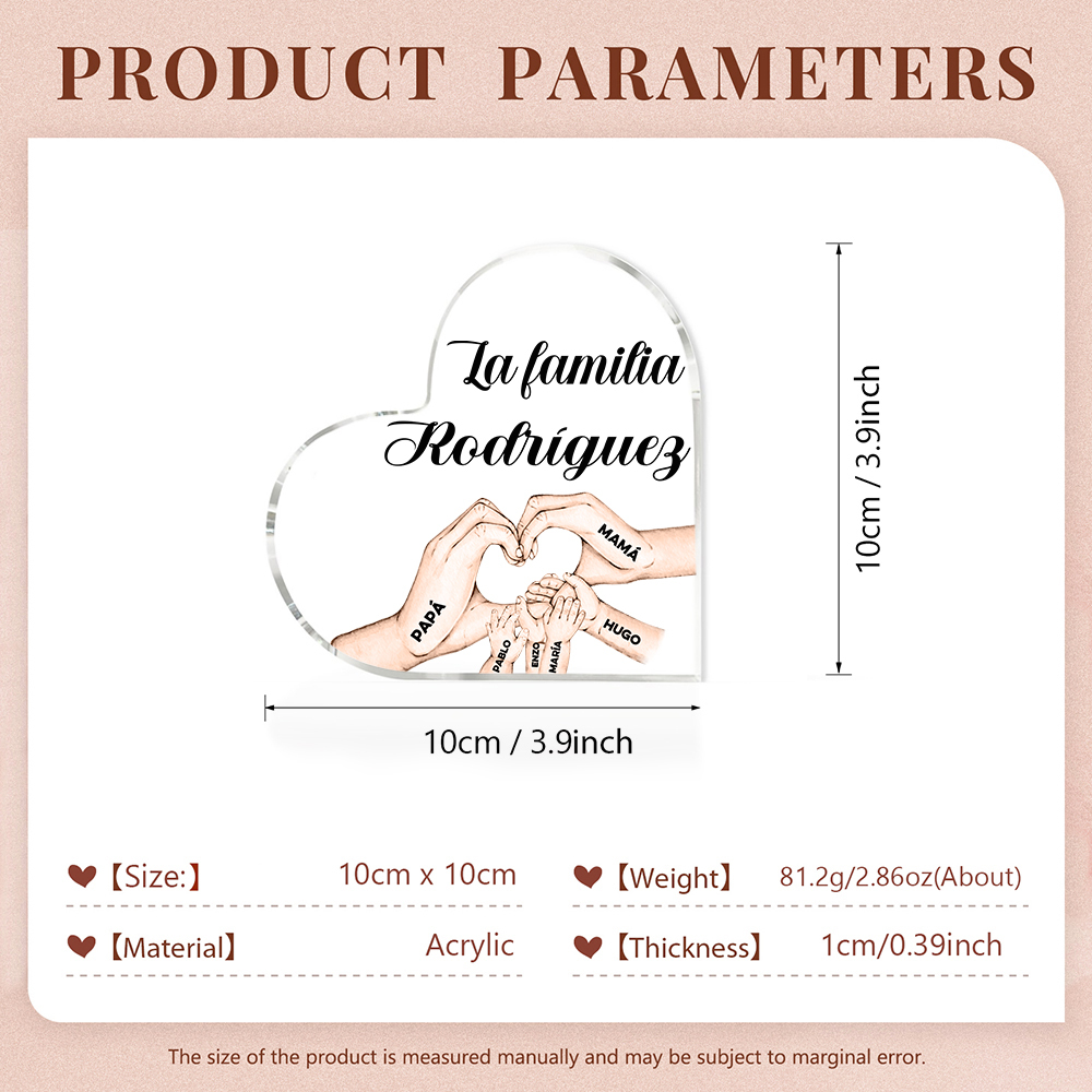 Placa de acrílico en forma de corazón mano a mano con 1 texto y 6 nombres personalizados-Jessemade ES
