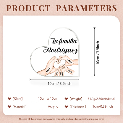 Placa de acrílico en forma de corazón mano a mano con 1 texto y 6 nombres personalizados-Jessemade ES