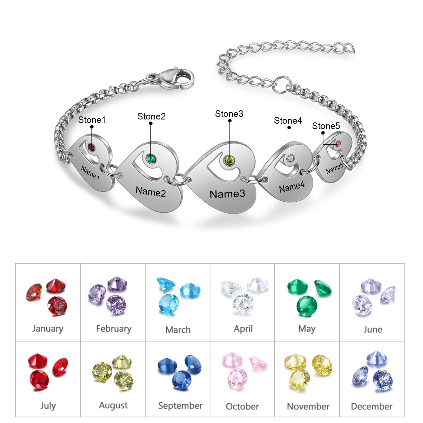 Pulsera de corazón personalizada con 5 nombres y 5 piedras de nacimiento-Jessemade ES