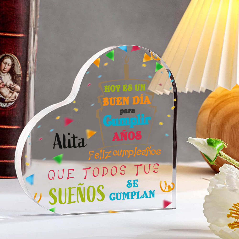 Cumpleaños-Placa de acrílico en forma de corazón con nombre personalizado-Jessemade ES