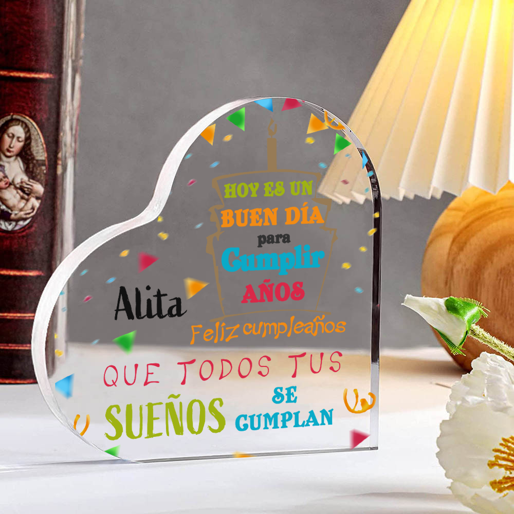 Cumpleaños-Placa de acrílico en forma de corazón con nombre personalizado-Jessemade ES