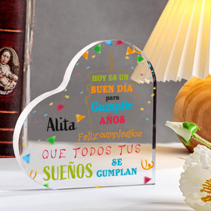 Cumpleaños-Placa de acrílico en forma de corazón con nombre personalizado-Jessemade ES
