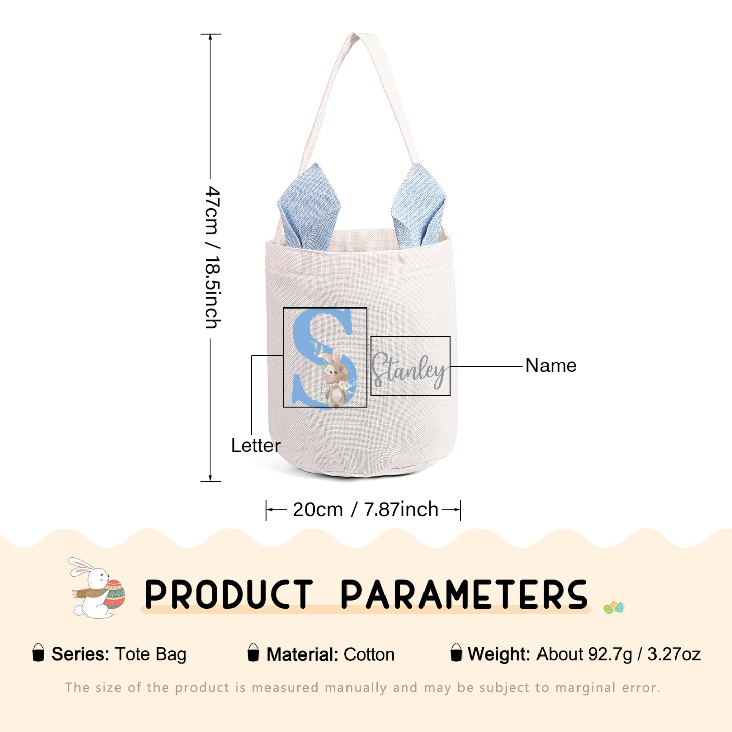 Pascua-Bolsa de conejo con 1 nombre y 1 letra personalizados-Jessemade ES