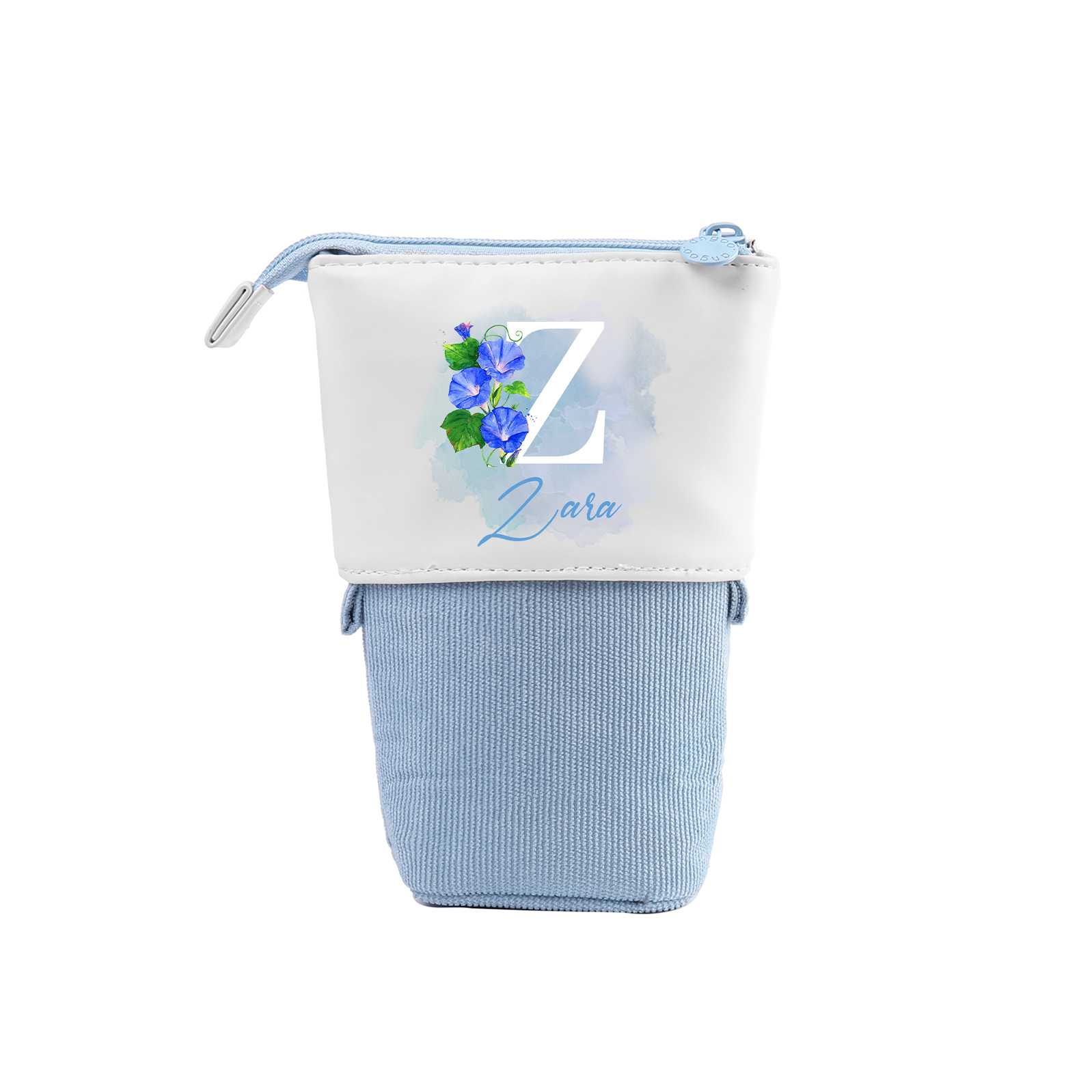 Estuche personalizado con nombre, letra y flor de nacimiento con diseños coloridos para niños