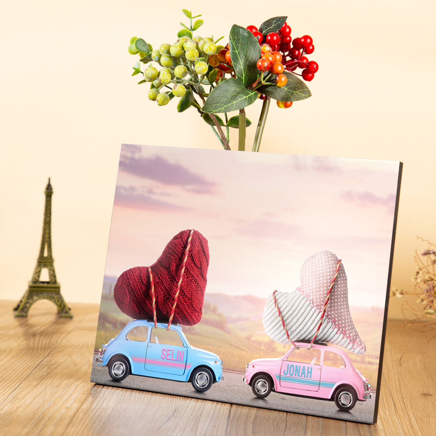 Lámina "dos corazones encontrados" marco de madera para pareja 2 nombres personalizados-Jessemade ES