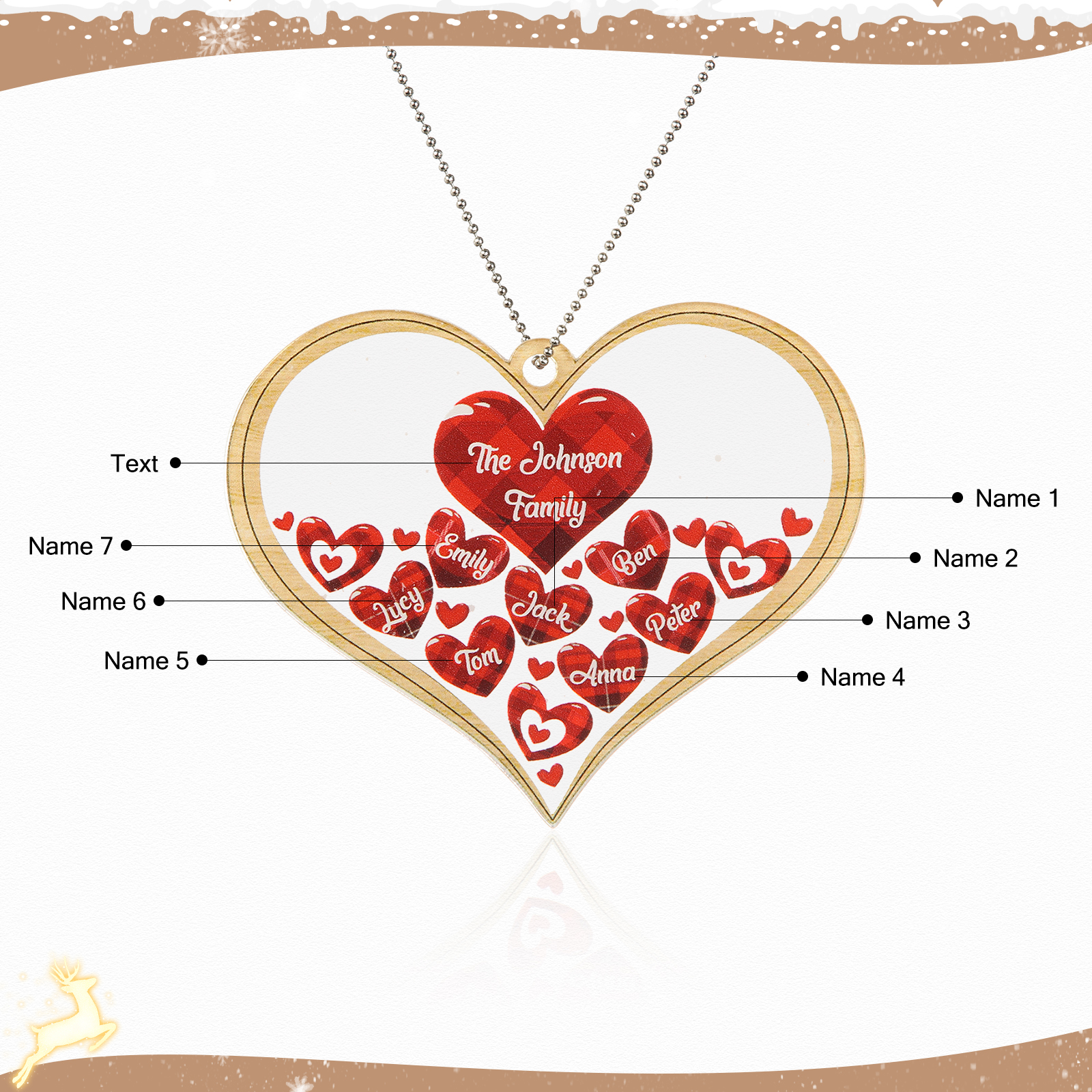 Navidad-Ornamento navideño de acrílico corazones con 7 nombres y 1 texto personalizados
