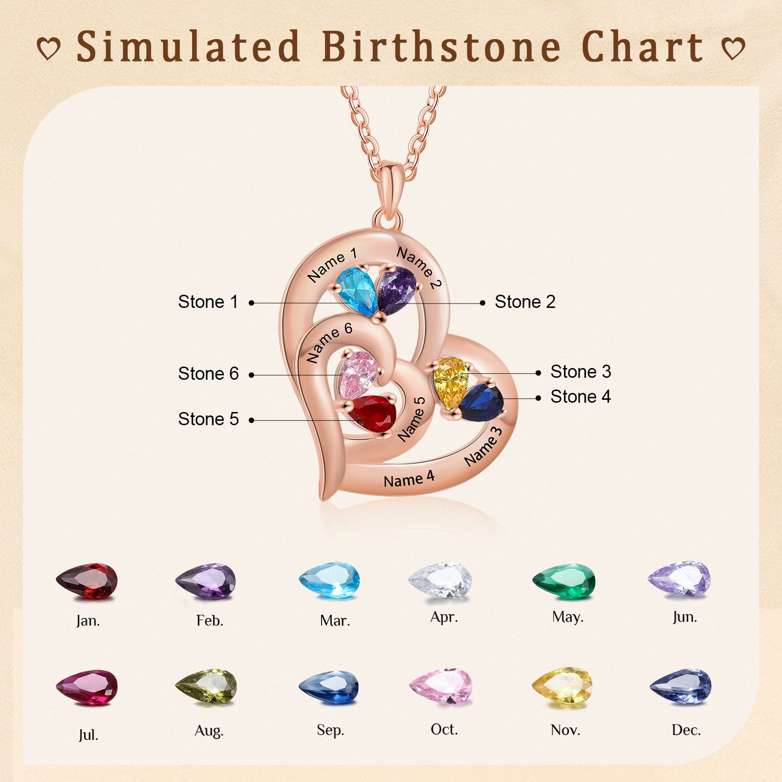 Collar corazón con 1-6 nombres personalizados y 1-6 piedras de nacimiento-Jessemade ES
