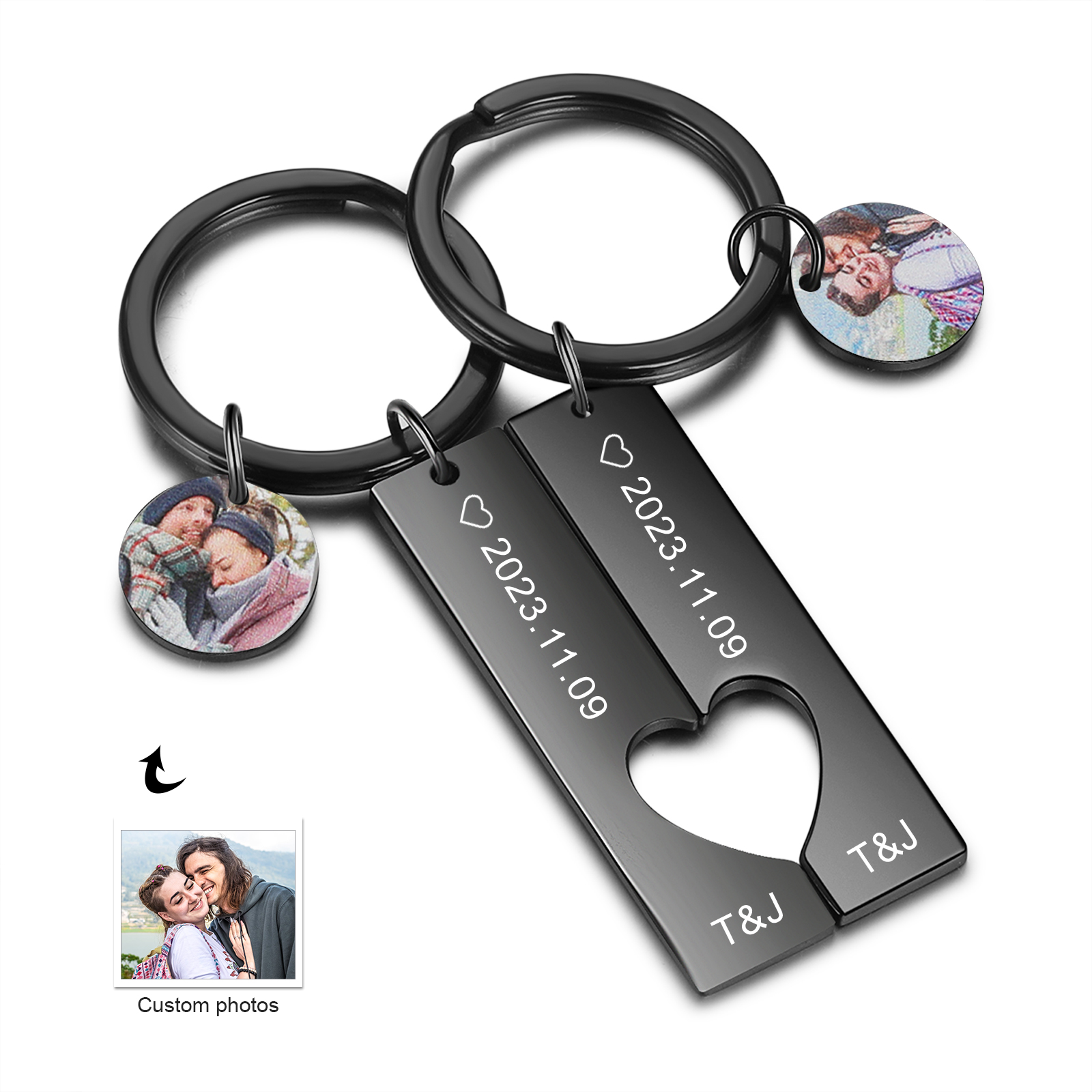 Llavero para pareja corazón encajado 2 letras personalizadas con fecha dije de foto-Jessemade ES