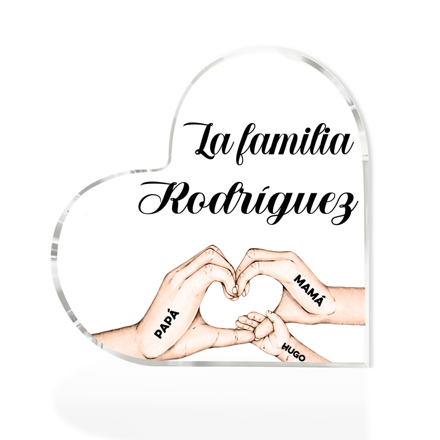 Placa de acrílico en forma de corazón mano a mano con 1 texto y 3 nombres personalizados-Jessemade ES