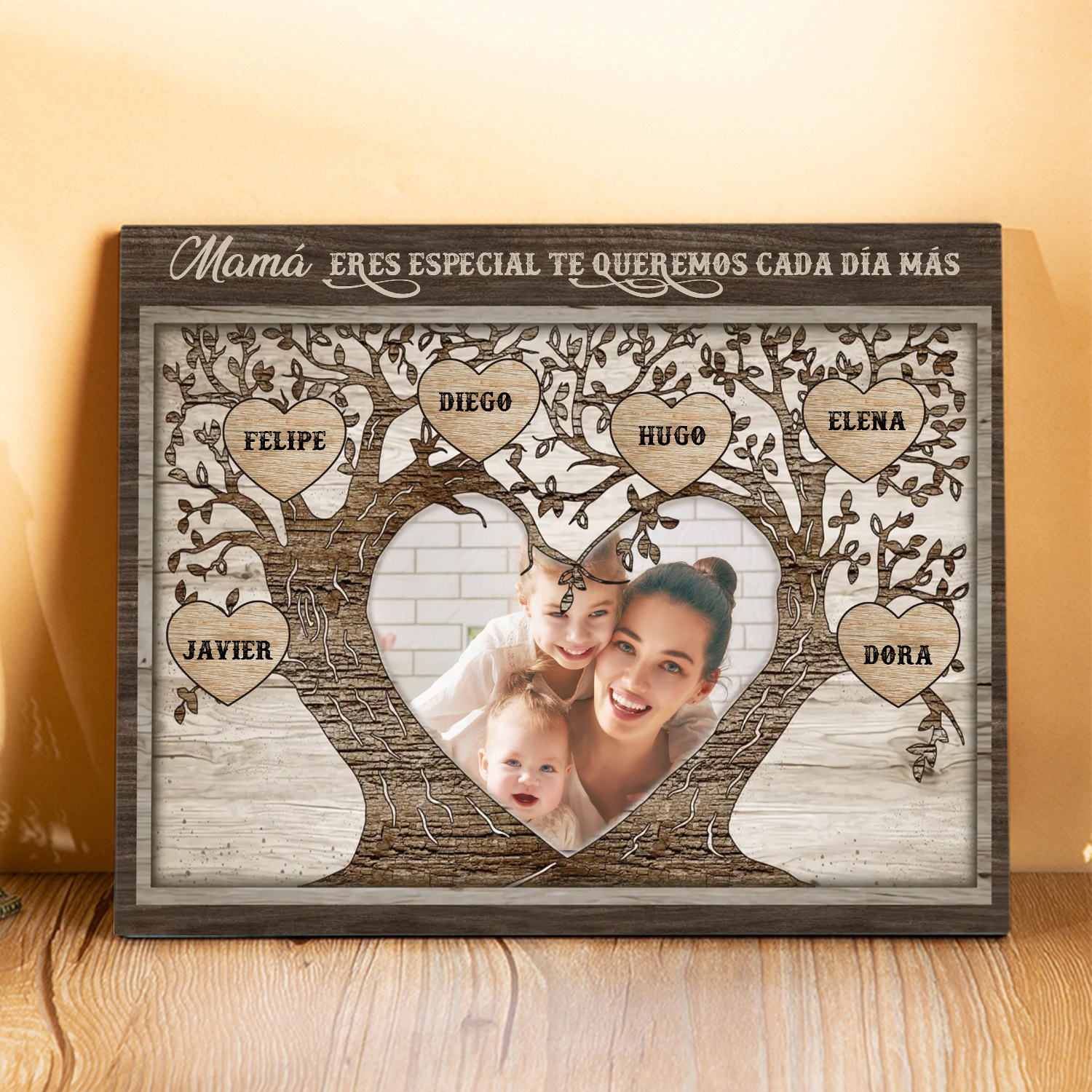 A familia - Lámina 2-9 nombres y 1 foto personalizados marco de madera árbol de la vida-Jessemade ES