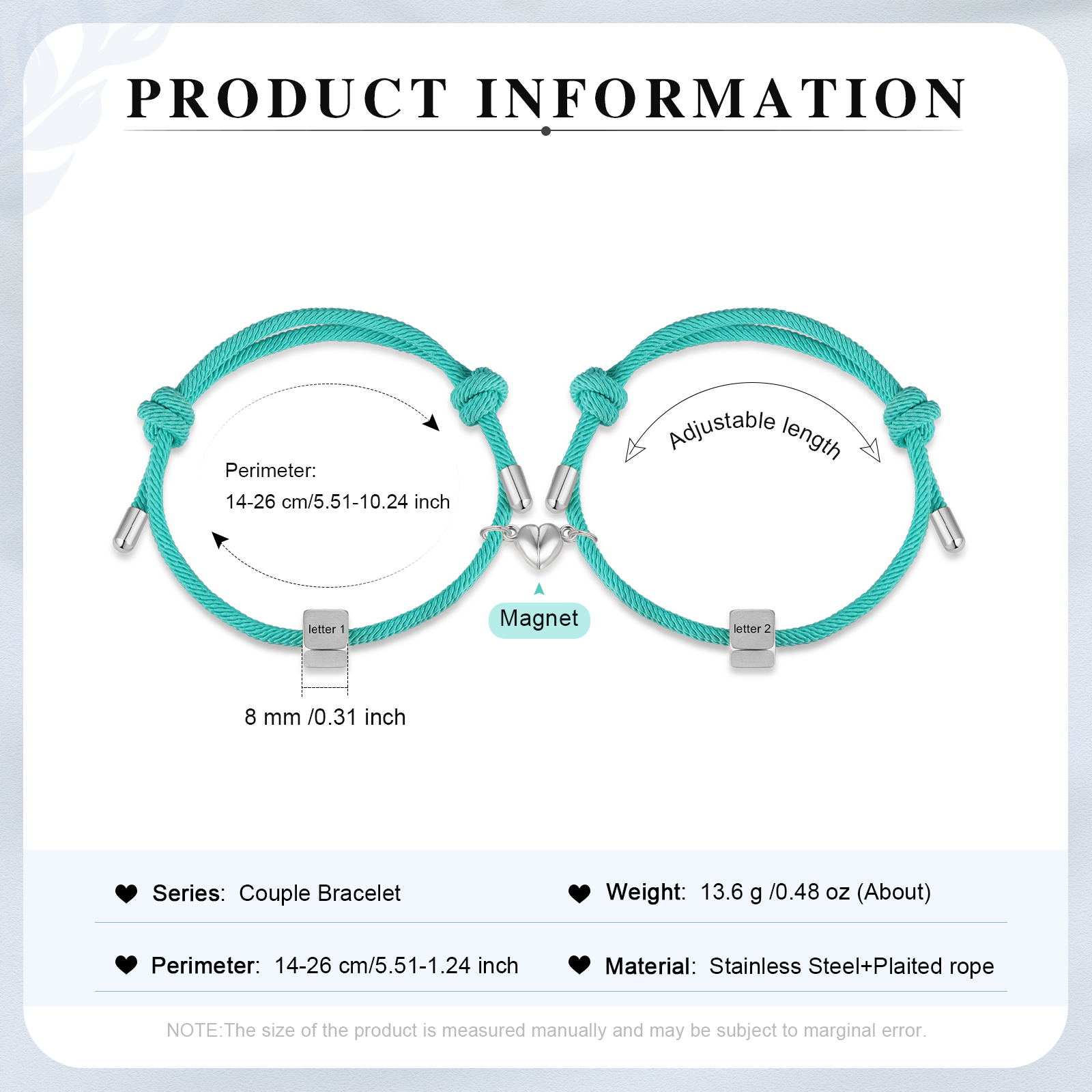 Pulseras de cuerda personalizadas para pareja con dije de corazón magnético grabado de dos letras-Jessemade ES