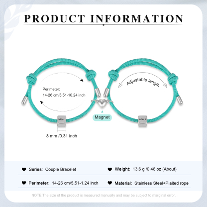 Pulseras de cuerda personalizadas para pareja con dije de corazón magnético grabado de dos letras-Jessemade ES