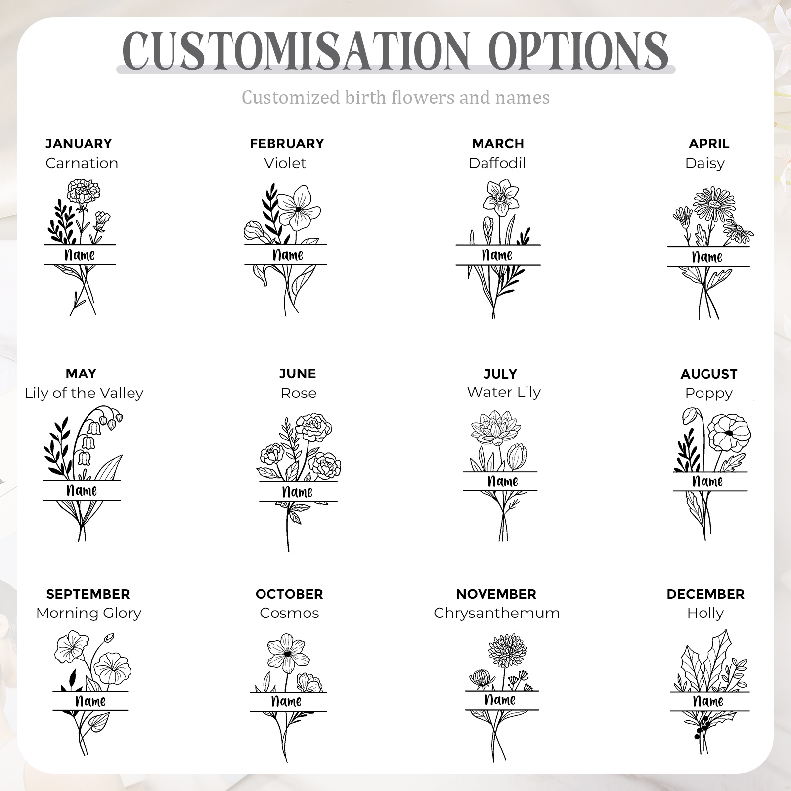 Cartera, billetera con 1 nombre y 1 flor de nacimiento personalizados monedero clásico para mujer-Jessemade ES