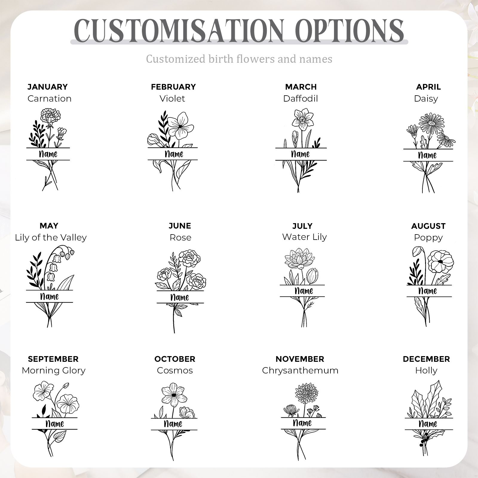 Cartera, billetera con 1 nombre y 1 flor de nacimiento personalizados monedero clásico para mujer-Jessemade ES