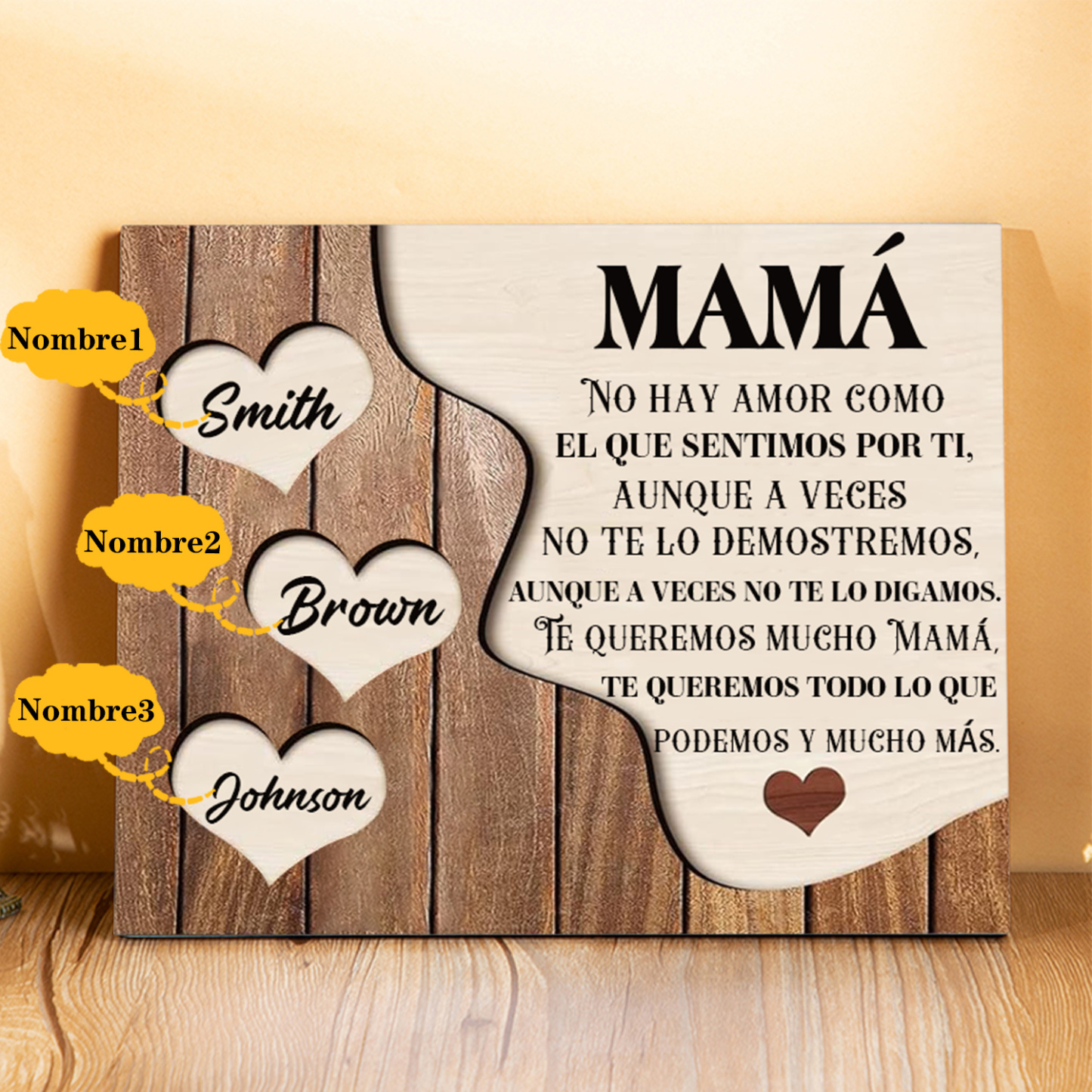 A mi mamá - Lámina 2-8 nombres personalizados marco de madera cara y corazones-Jessemade ES