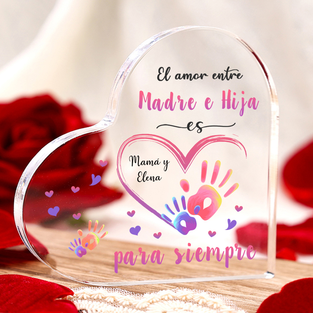 A mi mamá-Placa de acrílico en forma de corazón mano y manita 1 texto personalizado-Jessemade ES