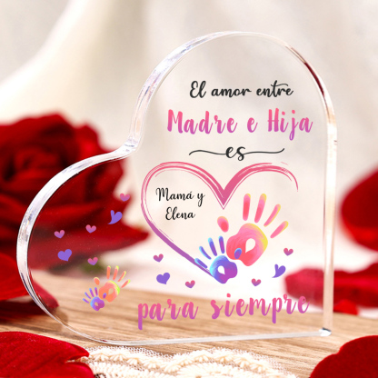 A mi mamá-Placa de acrílico en forma de corazón mano y manita 1 texto personalizado-Jessemade ES