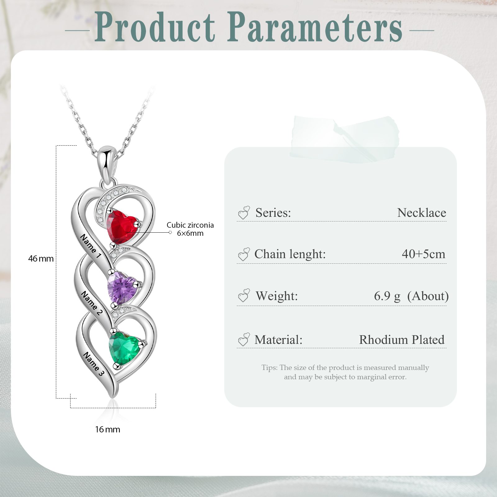 Collar de tres corazones con 3 nombres y piedras de nacimiento personalizados-Jessemade ES