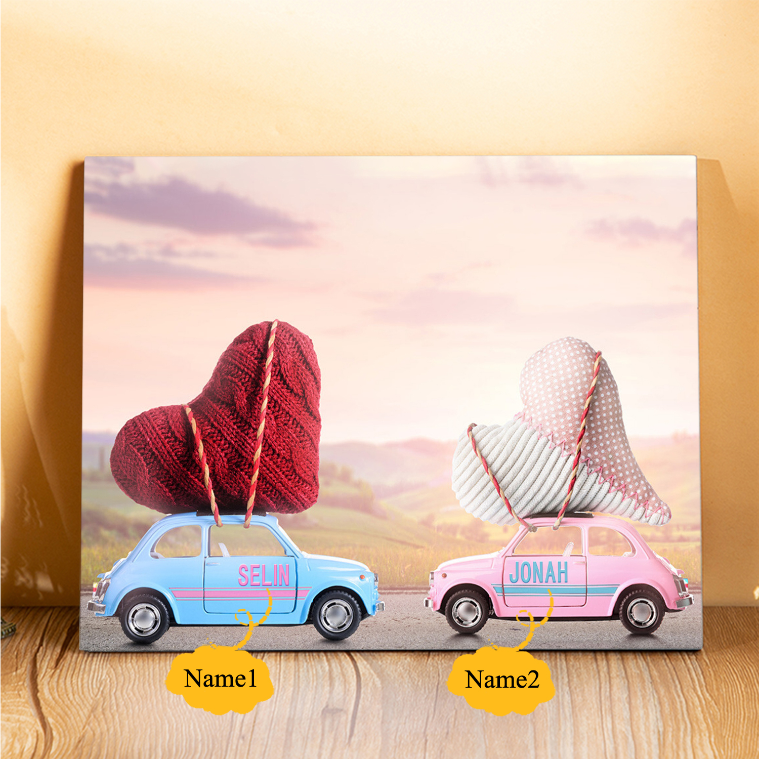 Lámina "dos corazones encontrados" marco de madera para pareja 2 nombres personalizados-Jessemade ES