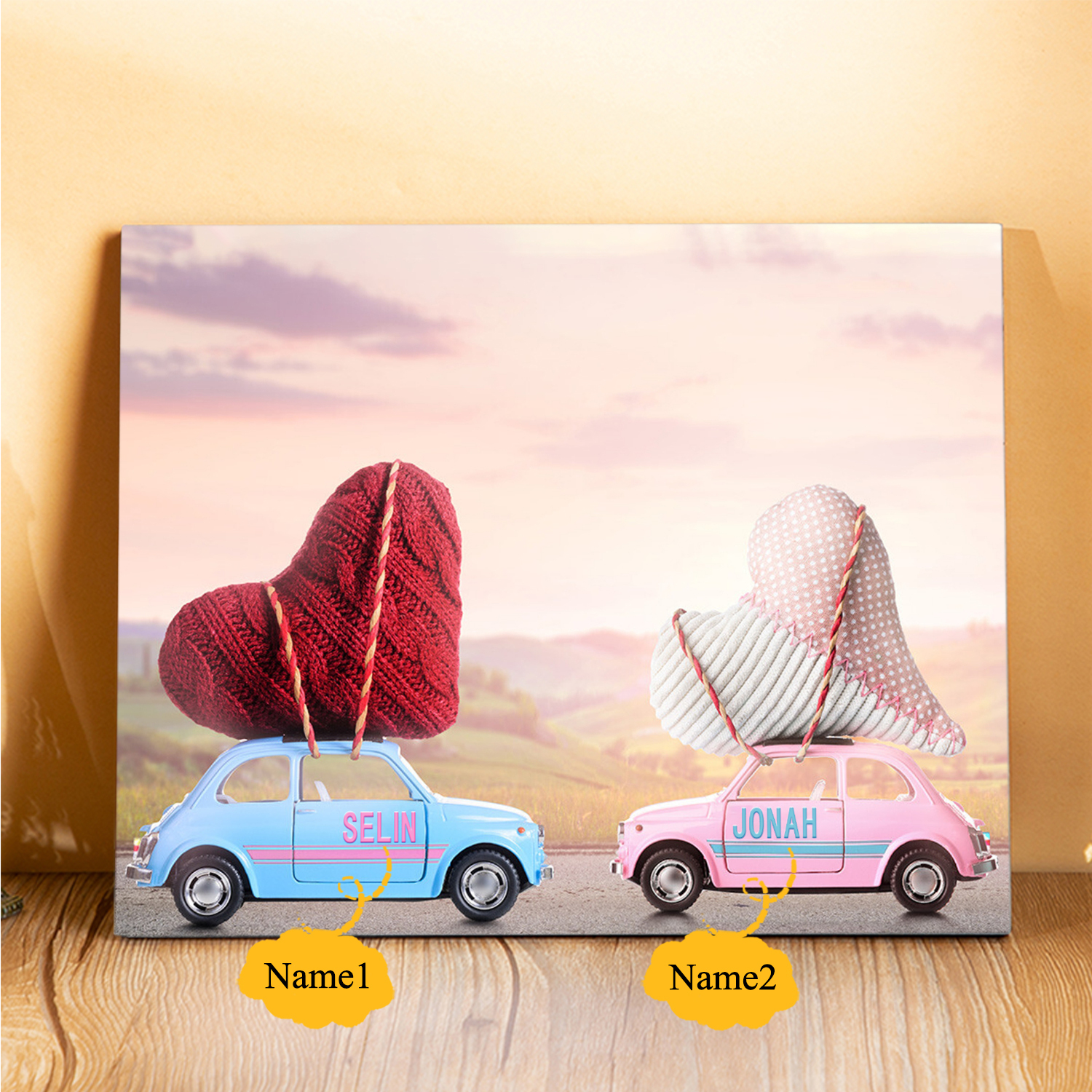 Lámina "dos corazones encontrados" marco de madera para pareja 2 nombres personalizados-Jessemade ES