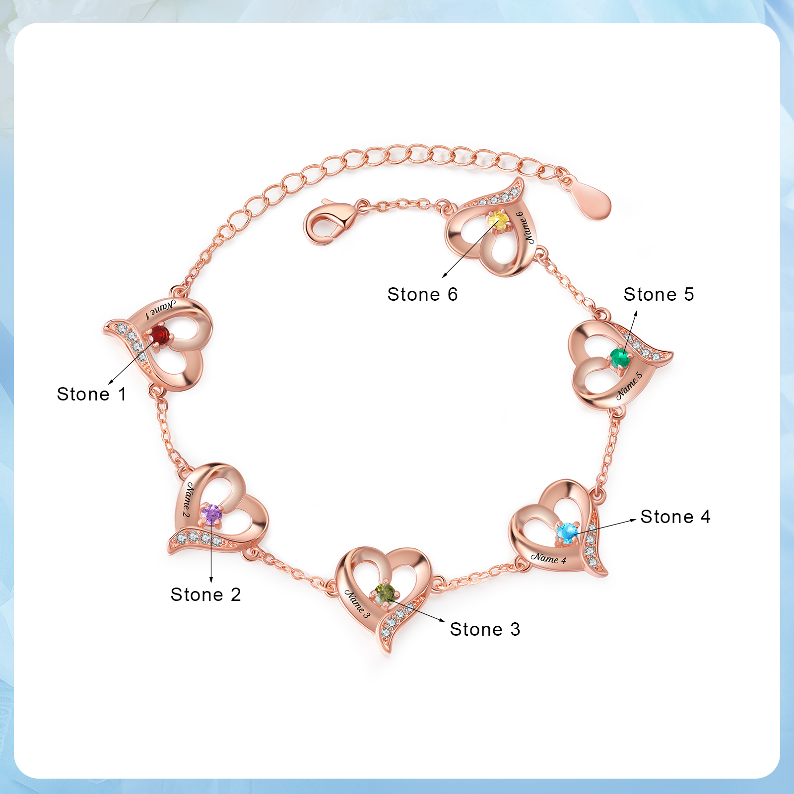 Pulsera 1-7 nombres y piedras personalizados con dije de corazón-Jessemade ES