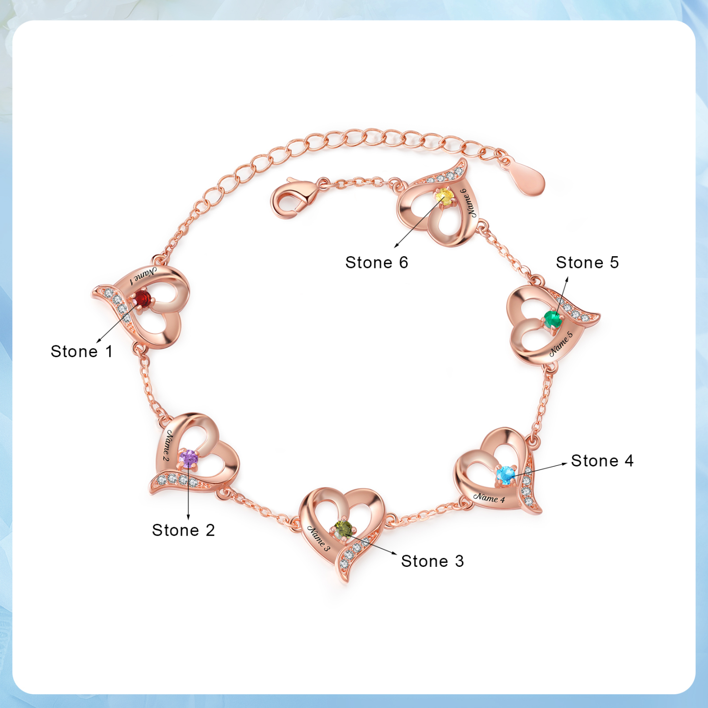 Pulsera 1-7 nombres y piedras personalizados con dije de corazón-Jessemade ES