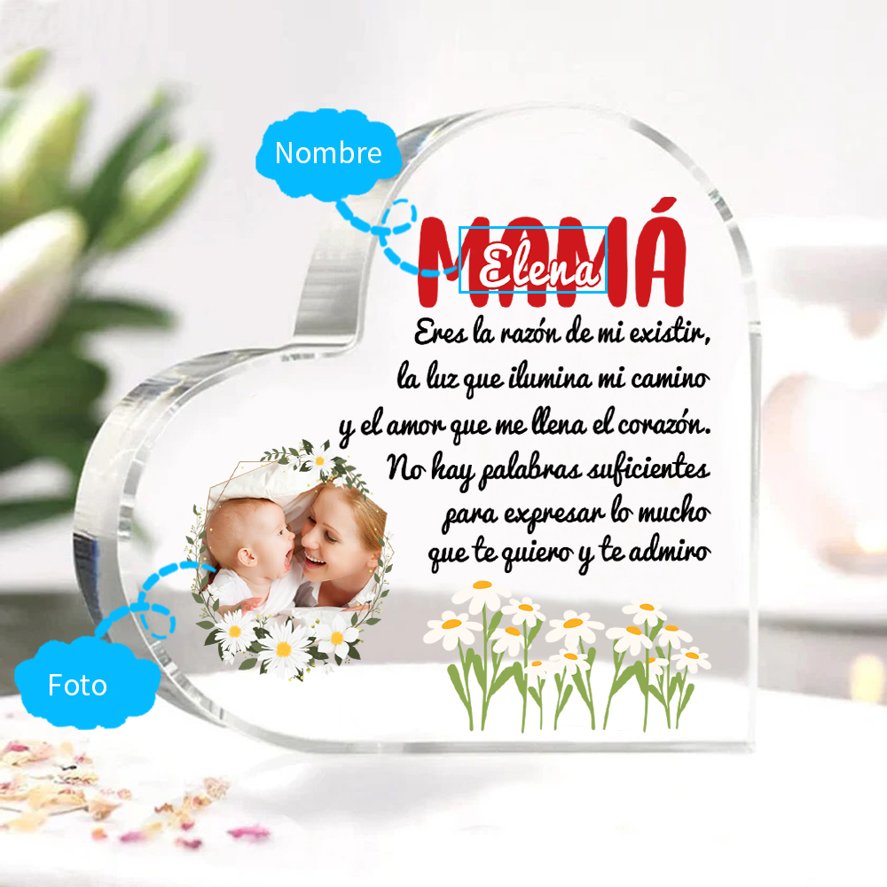 A mi mamá-Placa de acrílico en forma de corazón con frases amorosos 1 nombre y foto personalizados-Jessemade ES