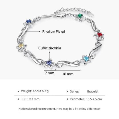 Pulsera de estrella e infinito personalizada con 6 nombres y 6 piedras de nacimiento