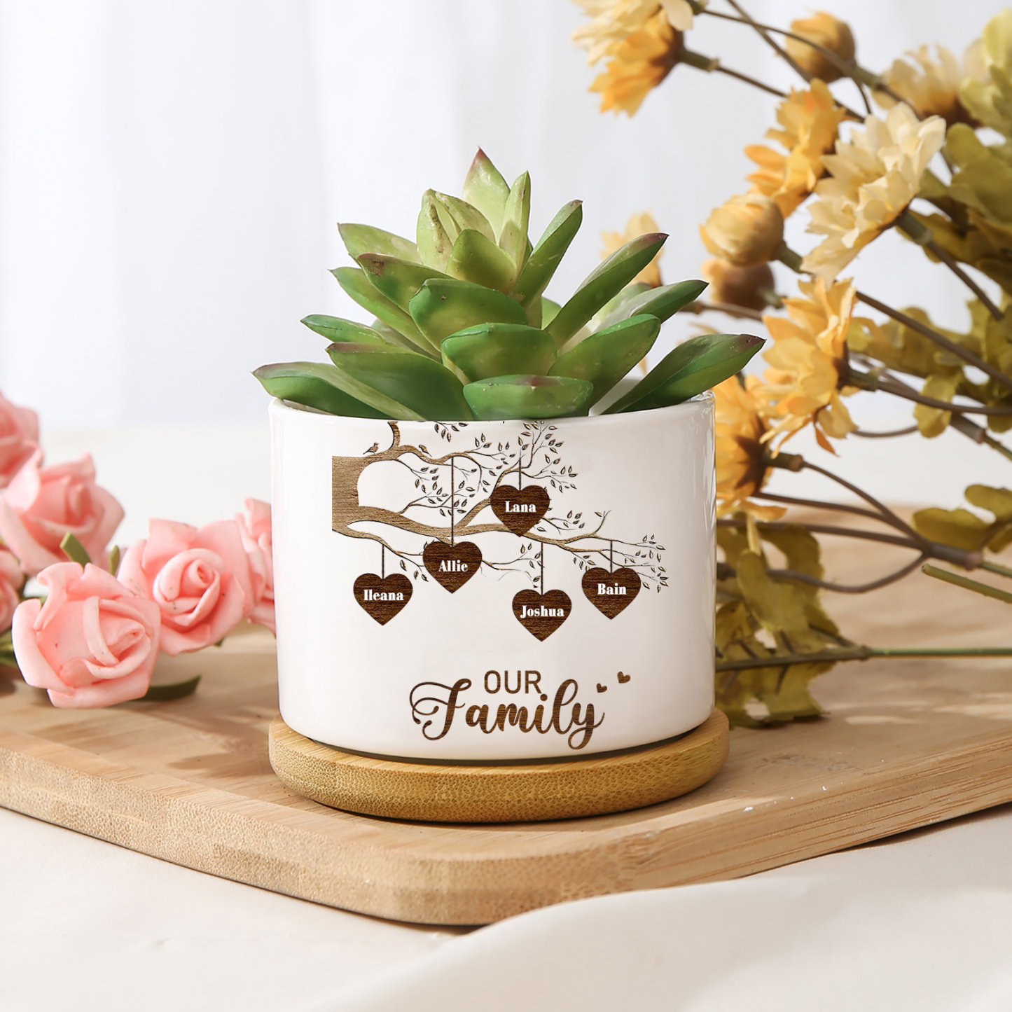 Florero con base de cerámica árbol de corazones 2-8 nombres personalizados con texto decoración del hogar-Jessemade ES