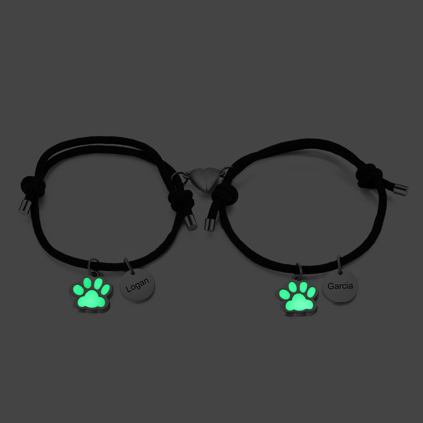Pulsera para pareja de pata fluorescente 2 nombres personalizados con dije de corazón magnético-Jessemade ES