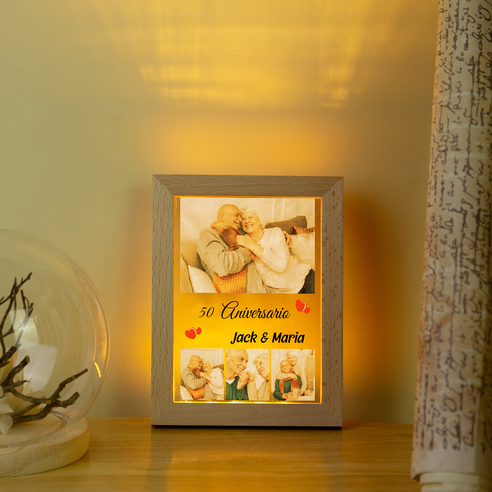 Marco con lámpara aniversario de 4 fotos de madera para pareja 2 nombres y número personalizados-Jessemade ES