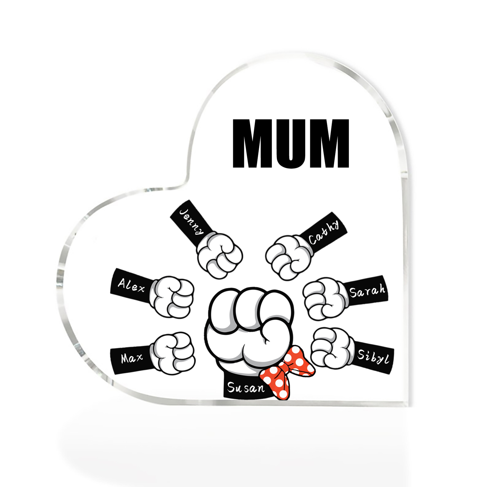 A mi mamá/abuela-Placa de acrílico "Puños" en forma de corazón 7 nombres y 1 texto personalizados-Jessemade ES