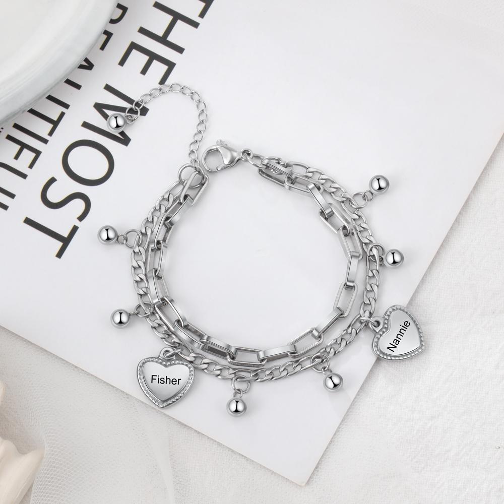 Pulsera de dobles cadenas con dije de corazón personalizada con 2 nombres-Jessemade ES