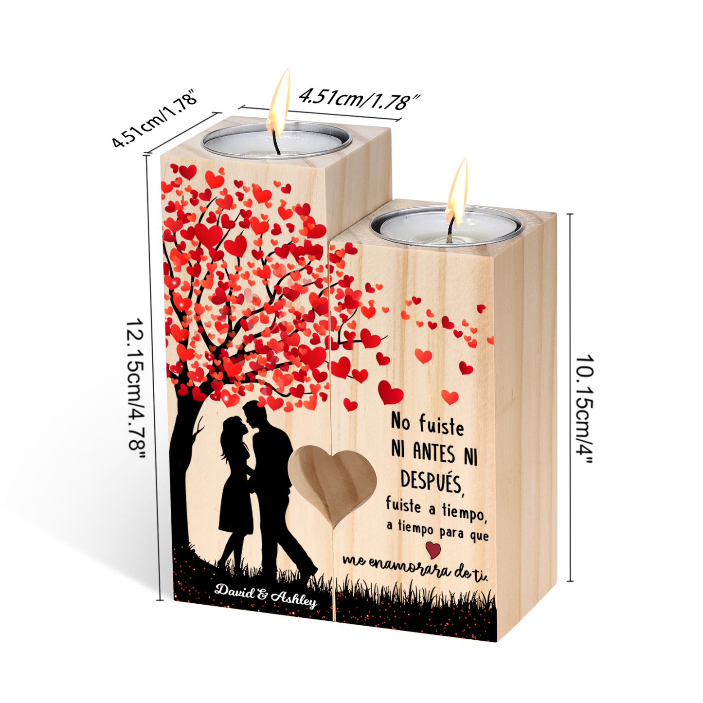 Candelero de siluetas de pareja de madera de dos piezas sin candela con 1 texto personalizado-Jessemade ES