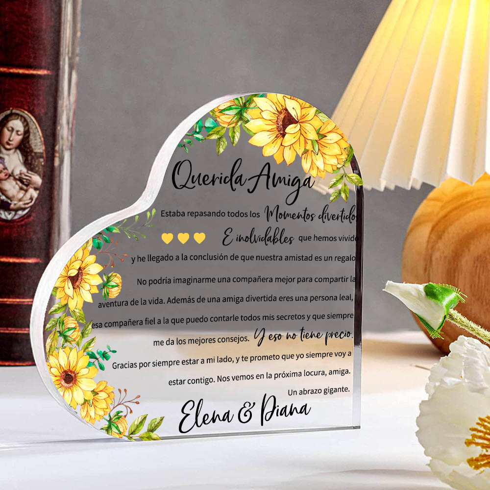 Placa de acrílico en forma de corazón para amiga con 1 texto personalizado-Jessemade ES