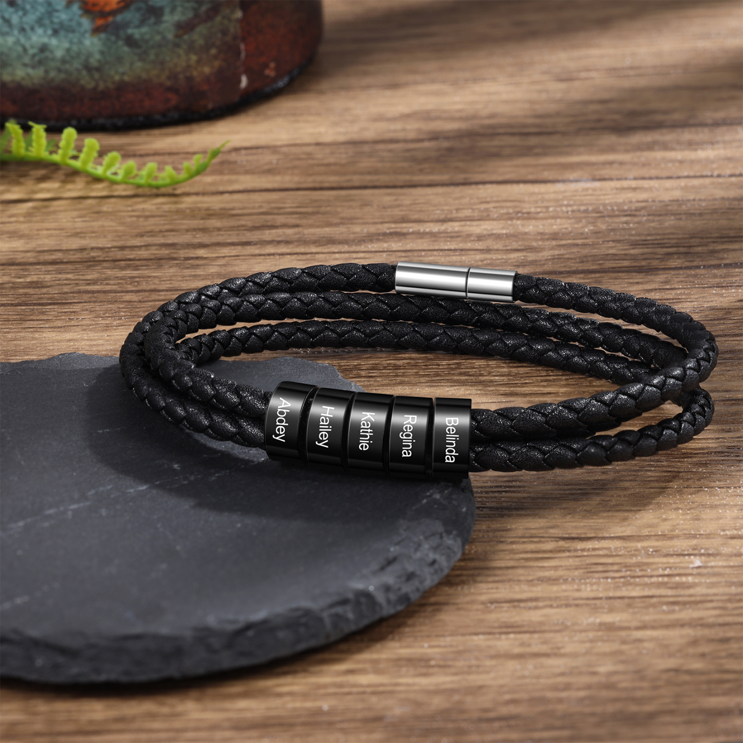 Pulsera de cuero trenzado con 2-5 nombres personalizados para hombre-Jessemade ES