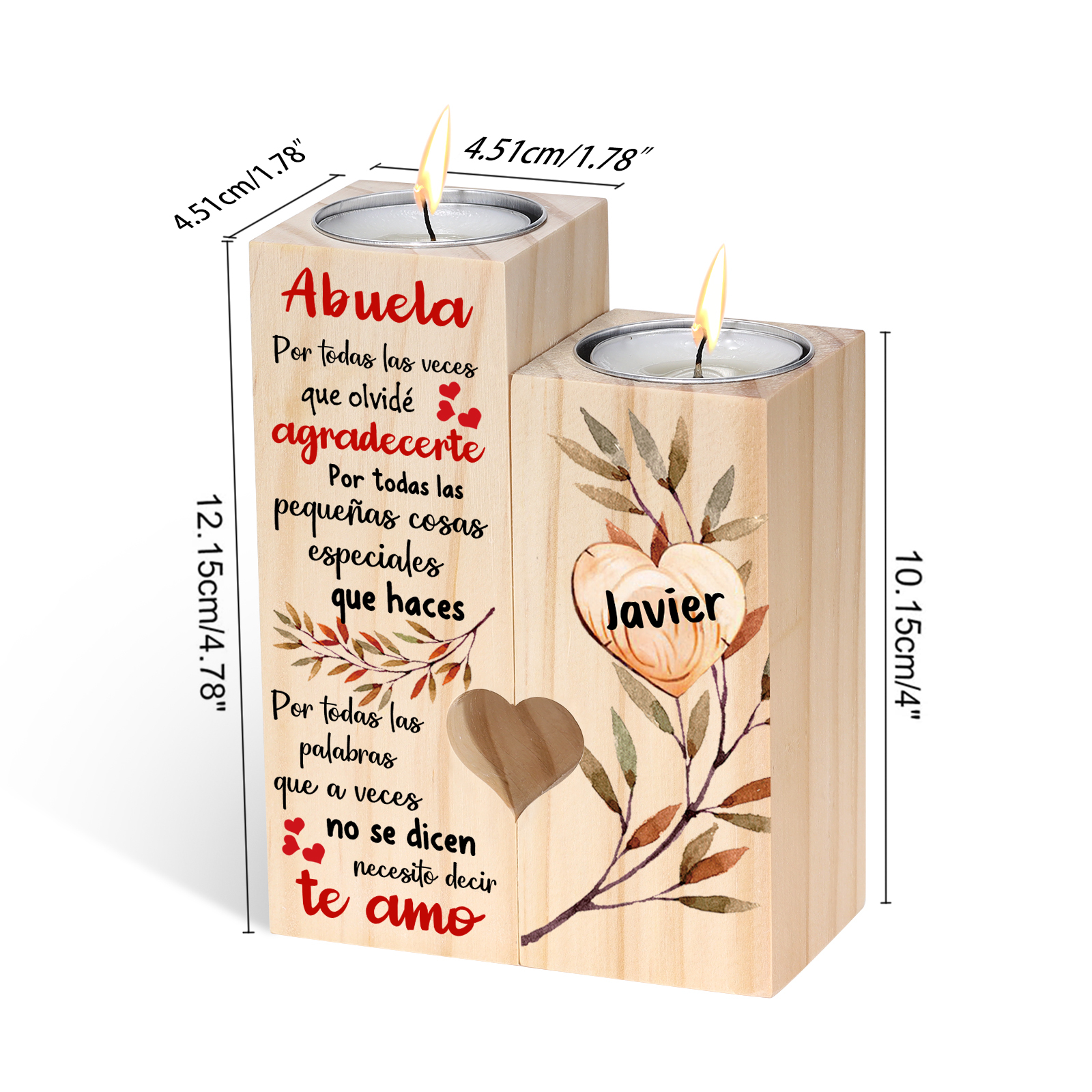 A mi abuela - Candelero de madera sin vela Corazón 1 nombre personalizado